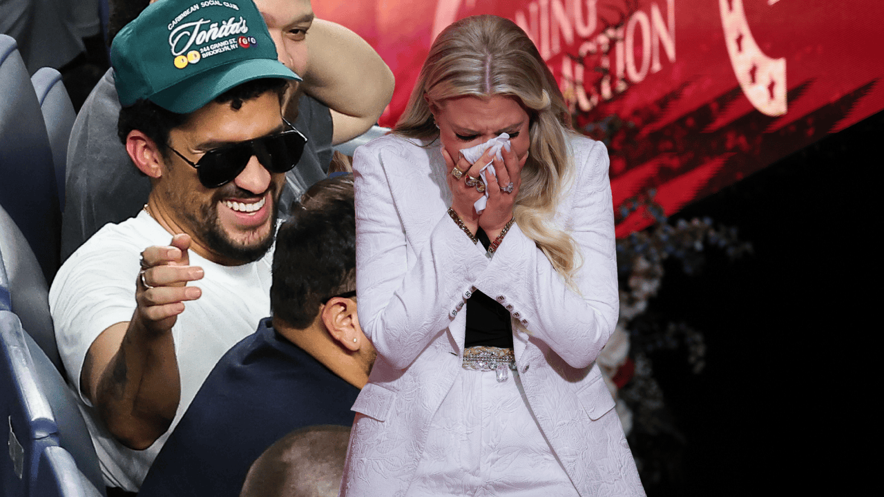 Izquierda: Bad Bunny en partido de los Yankees de Nueva York. Centro: Erika Kirk, directora de Turning Point USA.