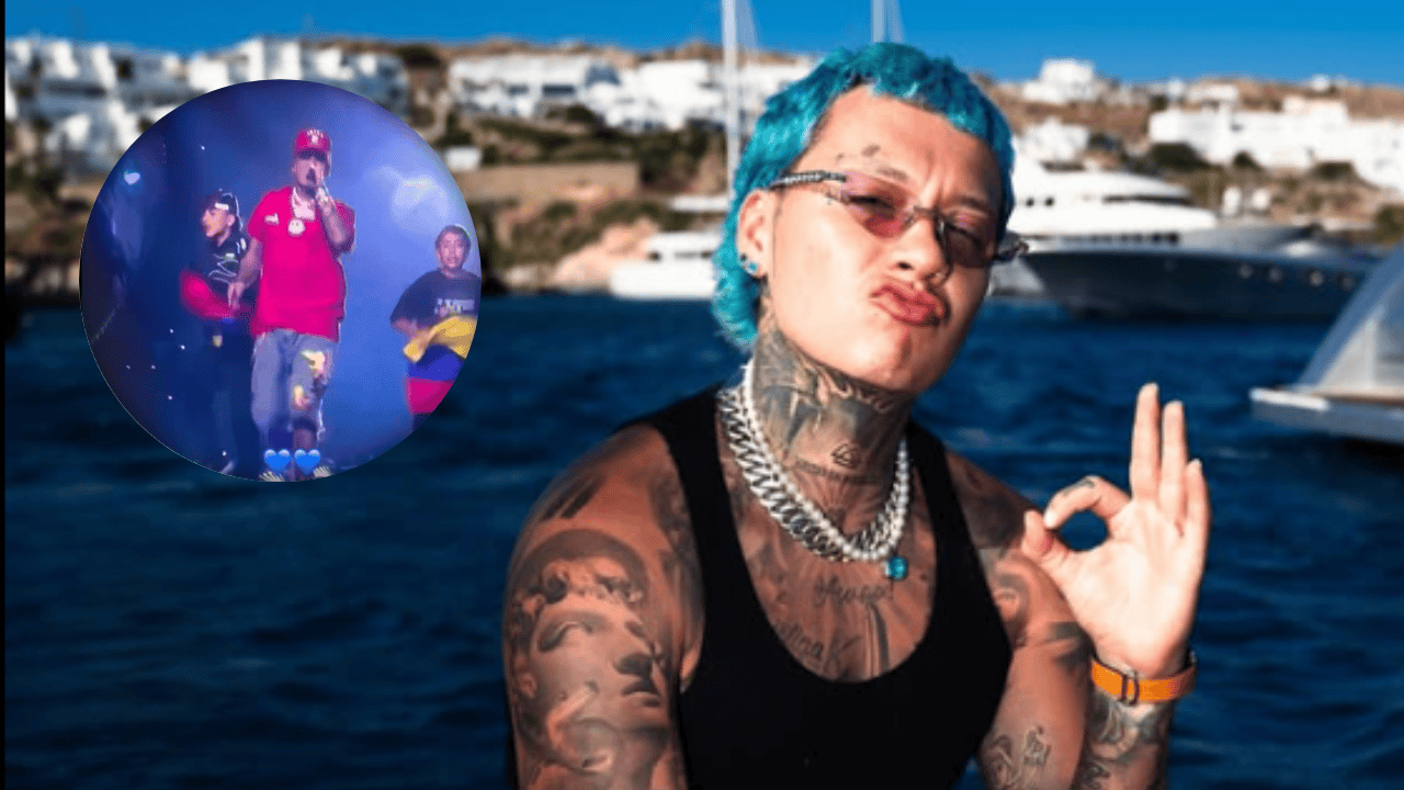 Blessd, cantante urbano. En el círculo, los niños que se subieron al escenario con él.